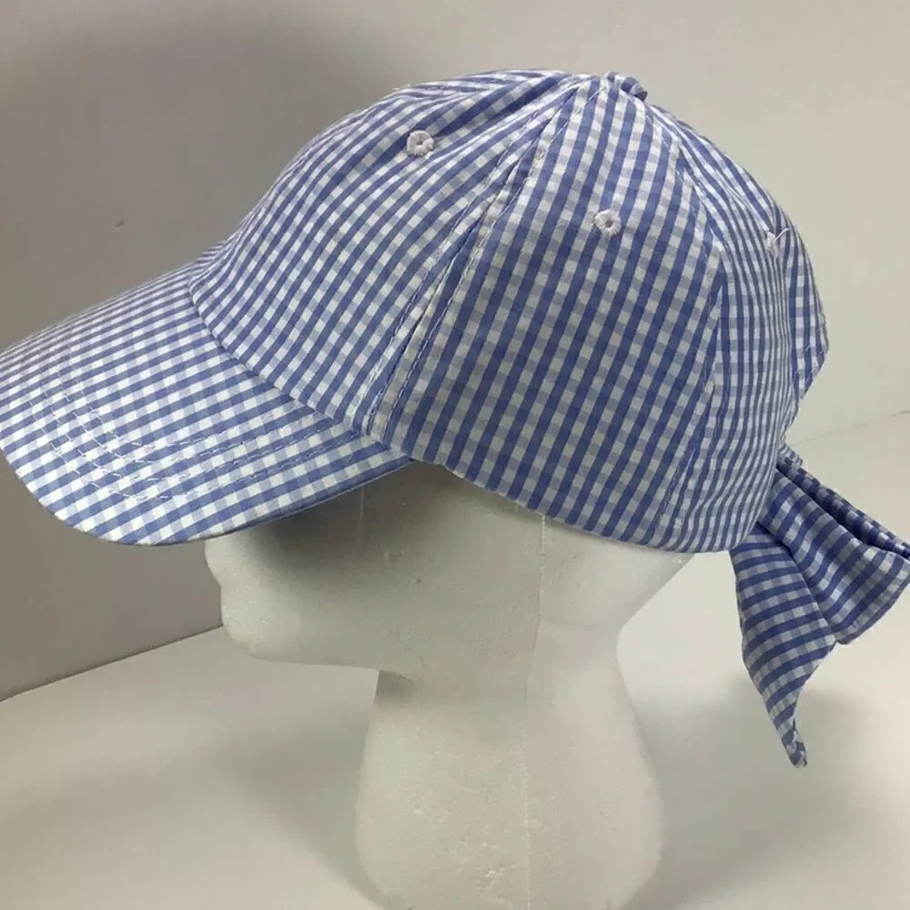 Baseball Cap BP New Blue White Gingham Check Baseball Hat Bow On Back O/S - Picture 2 of 5